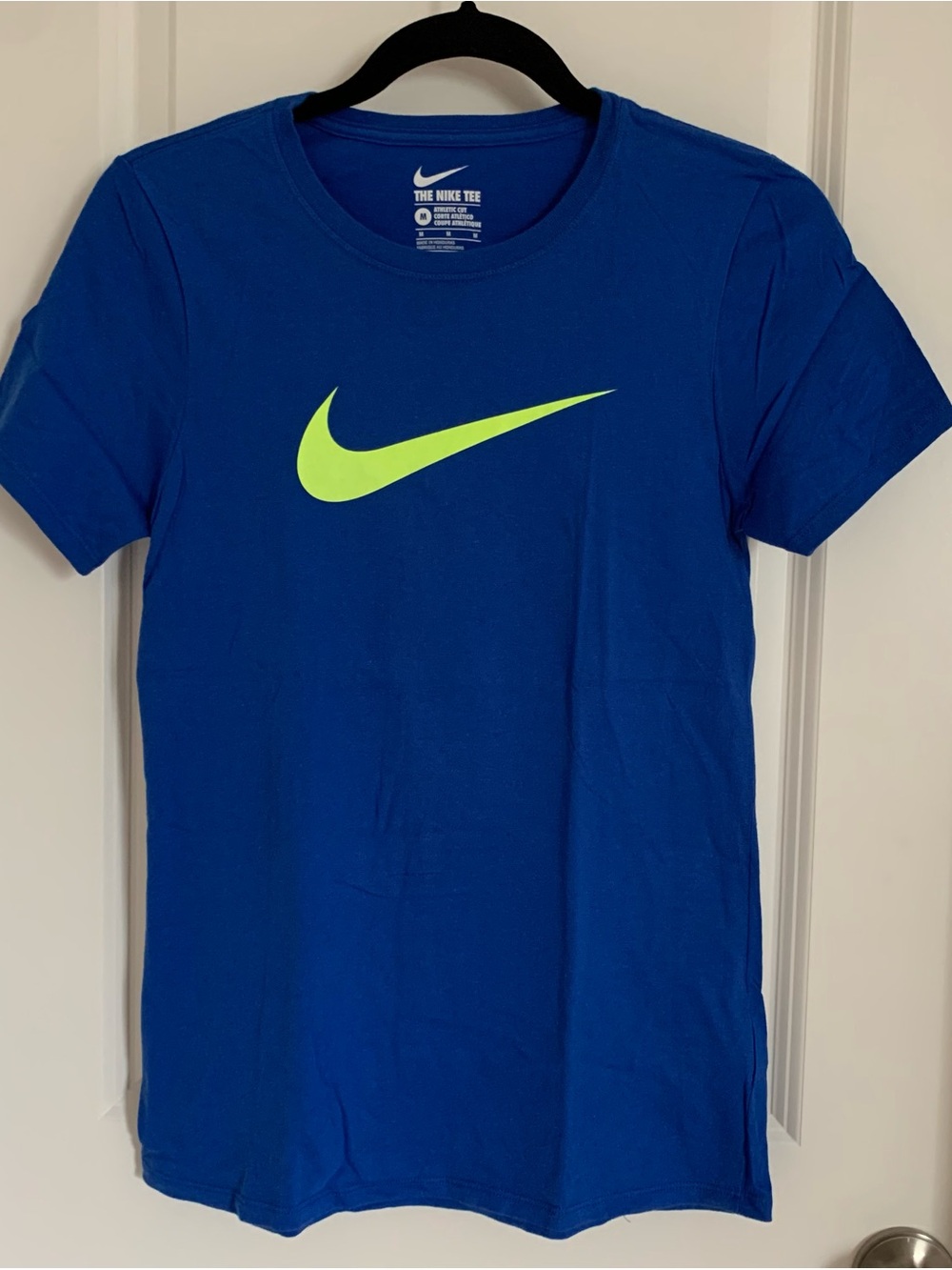 Nike Blue Tee with Neon Green Swoosh, M